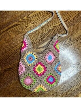 Vintage Crochet Granny Square Crossbody Bag Boho Knit Floral Festival Hobo